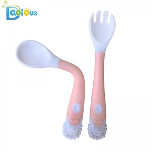 Amazon Hot Sale Baby Feeding Supplies Træning Gaffel og Sked buet håndtag Toddler Sked og gafler Baby Travel redskaber